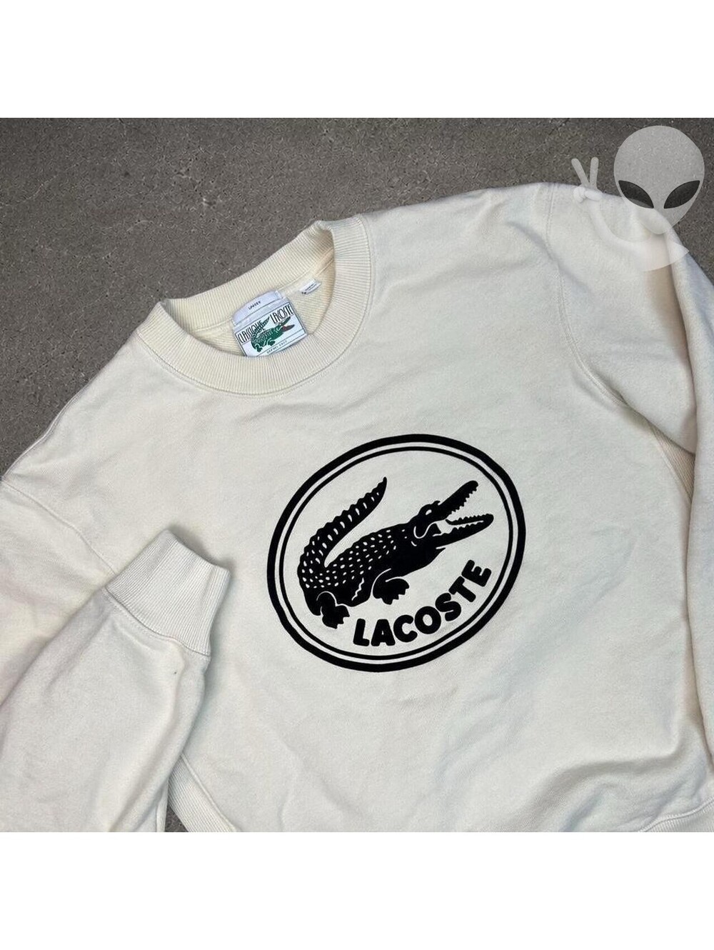 Lacoste Mens US S Cream Crewneck Sweatshirt Large Circle Crocodile Logo